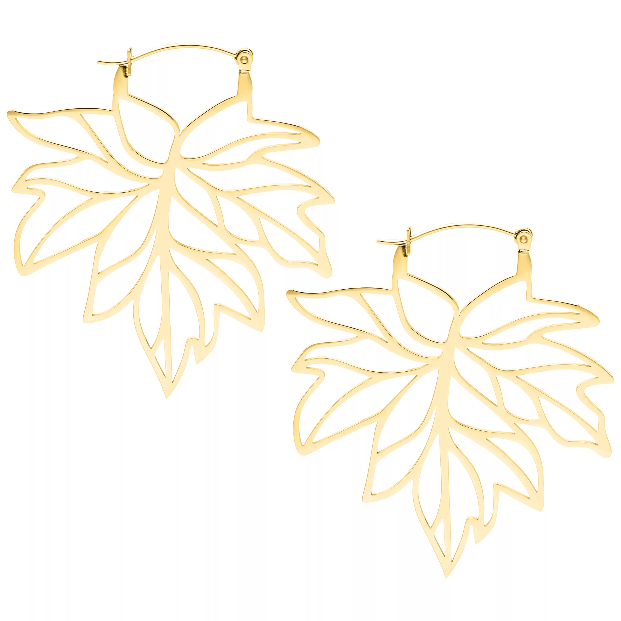 Orecchini Foglia d'Autunno Dorati in Acciaio Chirurgico Orecchini dorati a forma di foglia d'autunno su sfondo bianco