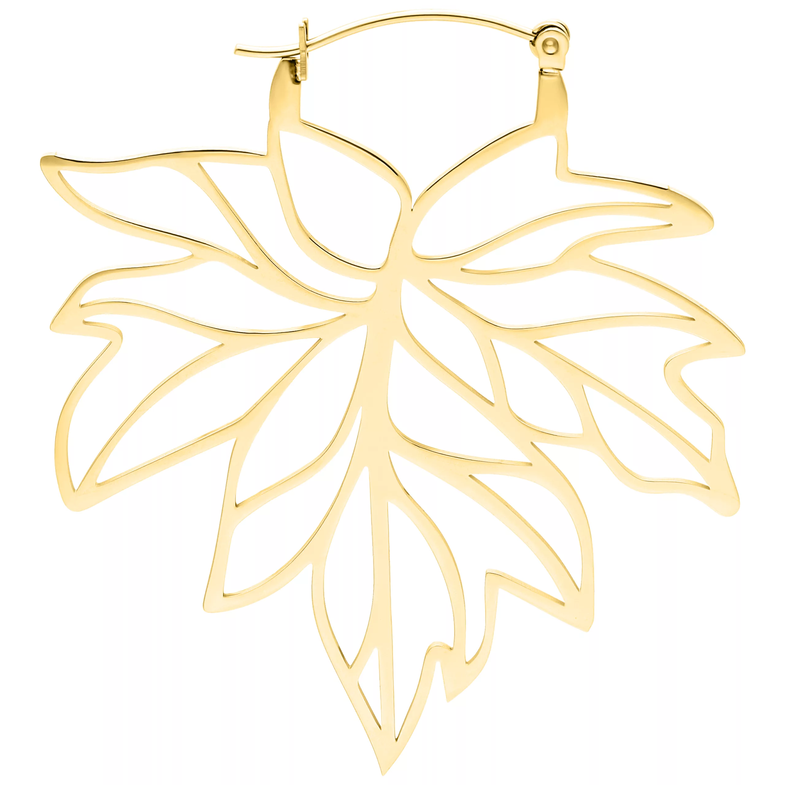 Orecchini d'Oro Autumn Leaf Hoops Orecchini d'oro a forma di foglia d'acero su sfondo bianco