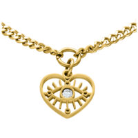 Goldenes Armband mit Herzanhänger und Kristallauge auf weißem Hintergrund