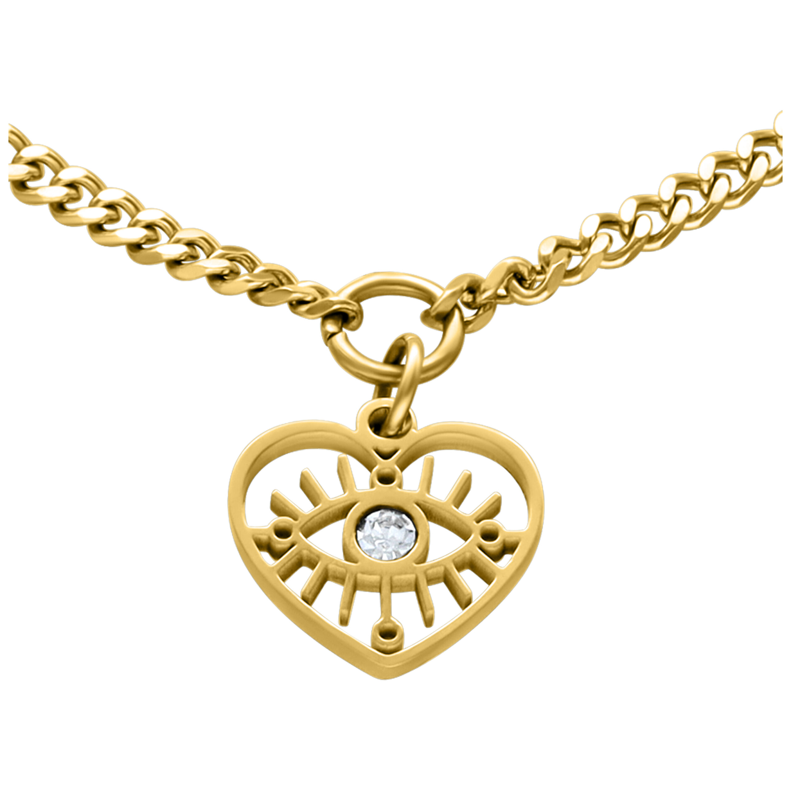 Goldenes Armband mit Herzanhänger und Kristallauge auf weißem Hintergrund