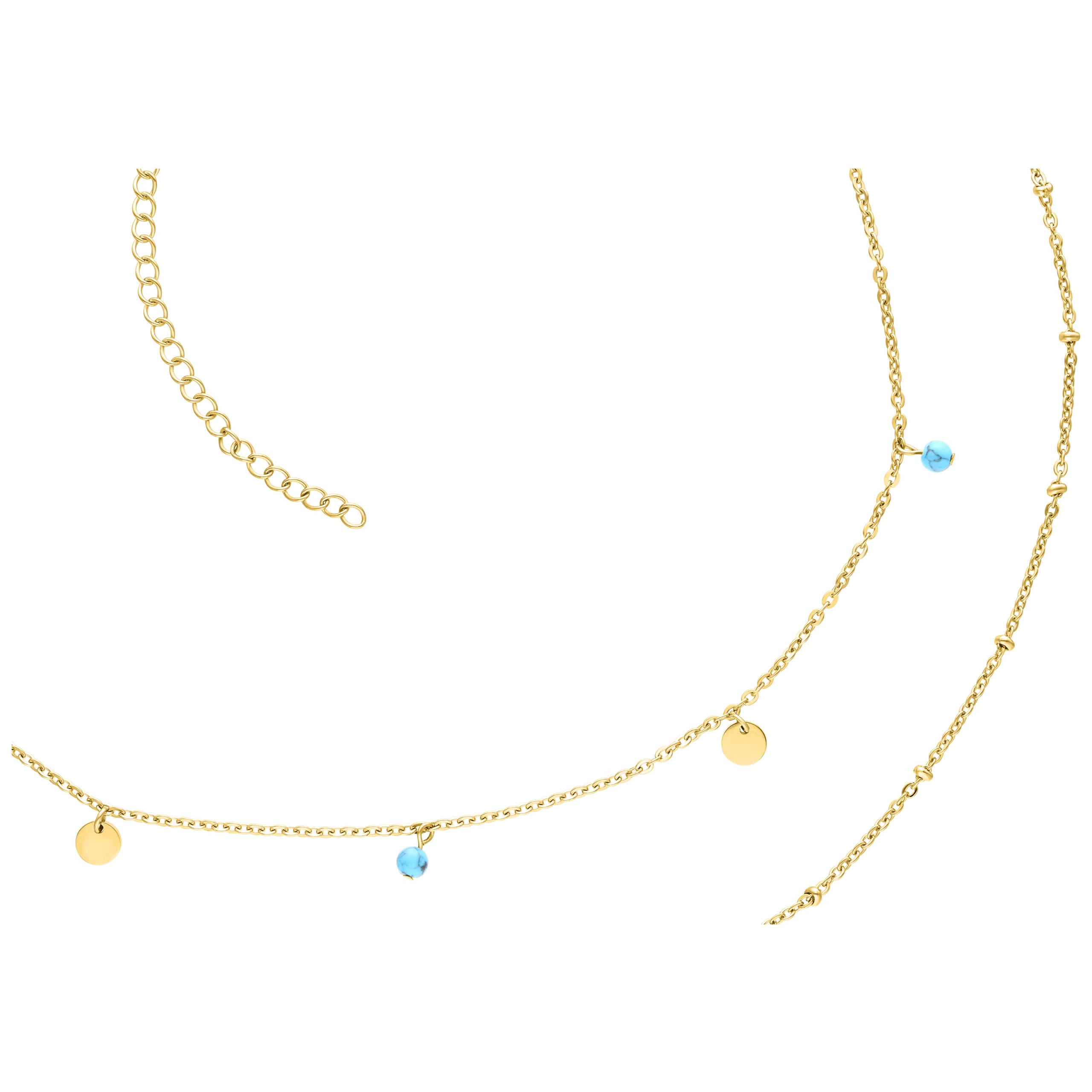 Catene per il ventre a due fili in oro Catene per il ventre a due fili in oro con ciondoli blu su sfondo bianco