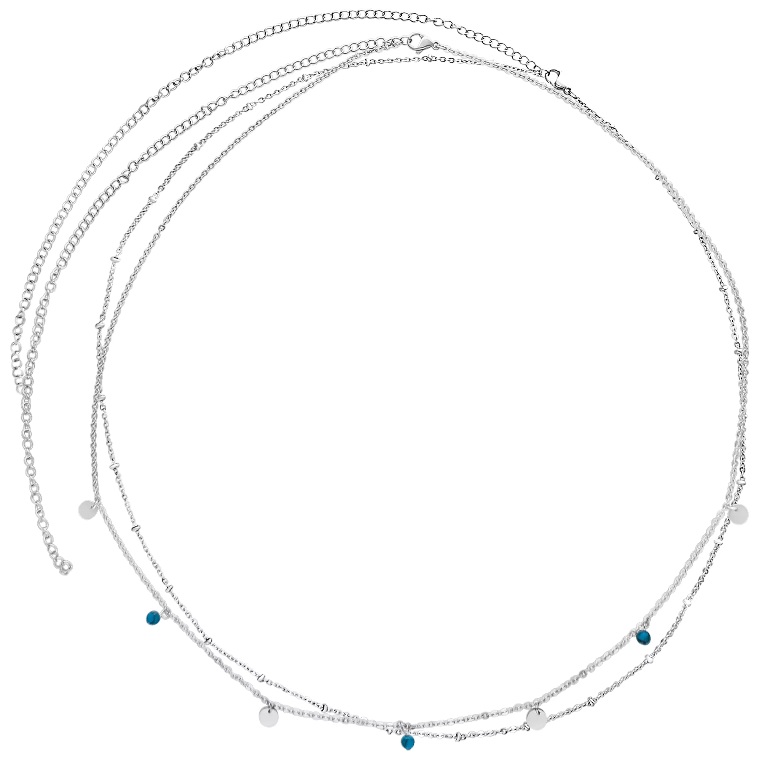 Doppia catenina da pancia in argento in acciaio chirurgico 316L con piccoli ciondoli su sfondo bianco