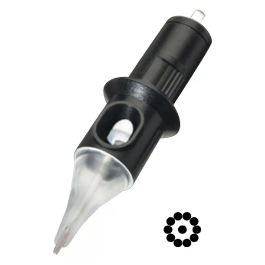 Cheyenne Liner Testine per Tatuaggio Testina nera Cheyenne Liner con protezione trasparente e disposizione di 11 aghi su sfondo bianco