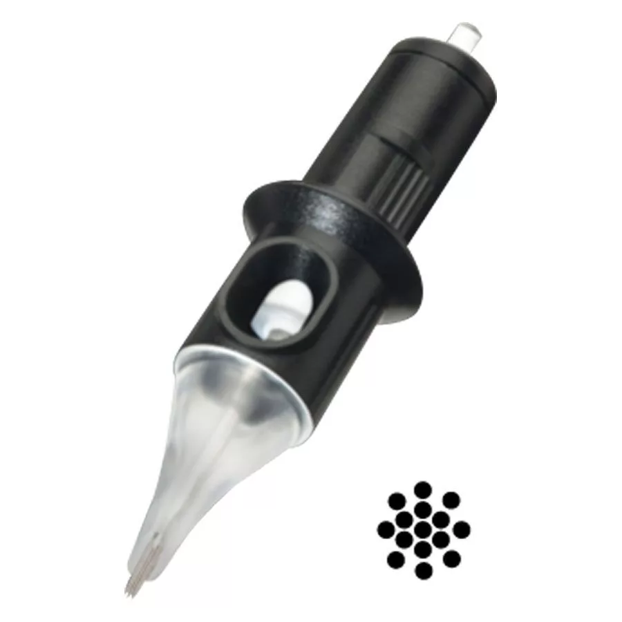 Cheyenne Liner Testine per Aghi 10 pz per Tatuatori Primo piano di una testina Cheyenne Liner nera con parte in plastica trasparente su sfondo bianco