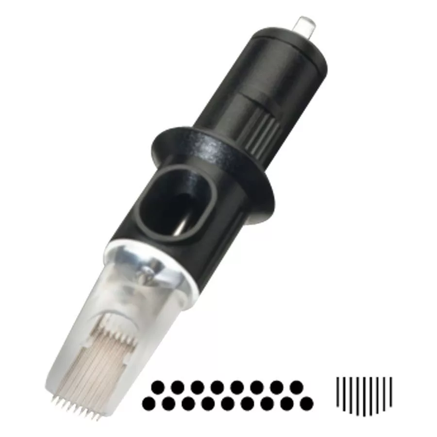 Testina nera per tatuaggi con molti aghi fini su sfondo bianco