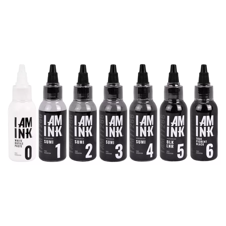 I AM INK Set di colori per tatuaggi 50 ml bottiglie Sette bottiglie di colori per tatuaggi I AM INK su sfondo bianco