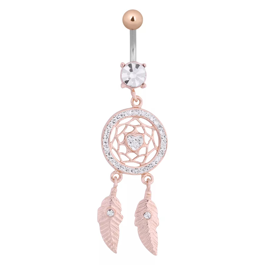 Piercing all'ombelico in oro rosa con design a sognatore e cristalli chiari su sfondo bianco
