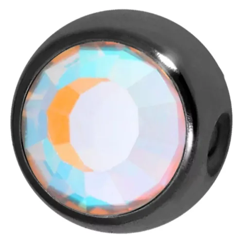 Schwarze Titan-Kugel mit facettiertem Aurora Boreale Kristall auf weißem Hintergrund