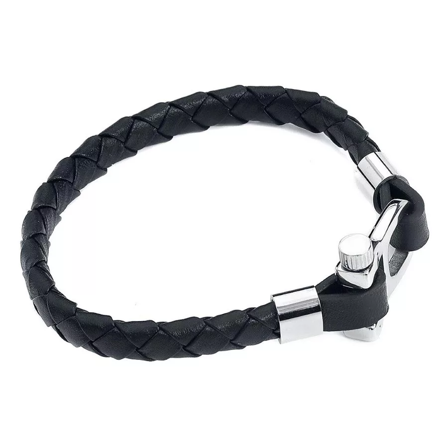 Bracciale in pelle intrecciata con chiusura in acciaio chirurgico lucido su sfondo bianco