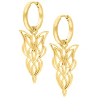 Due orecchini a cerchio Little Elves dorati con design delicato su sfondo bianco