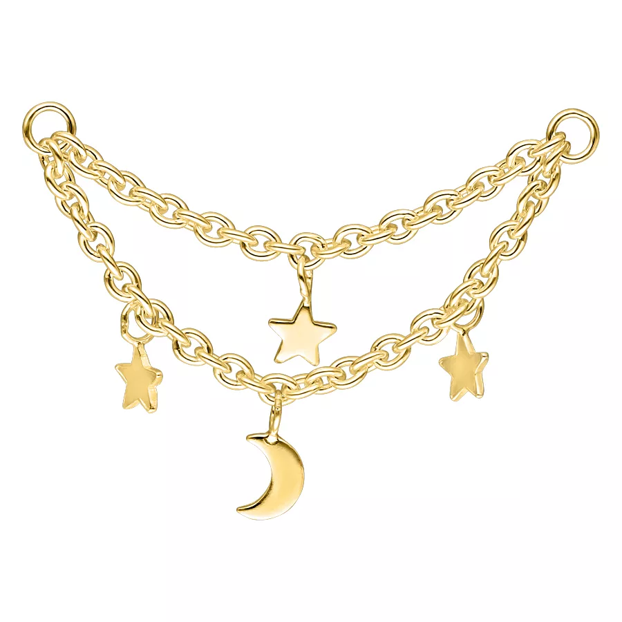 Catena piercing dorata con ciondoli a forma di luna e stelle su sfondo bianco