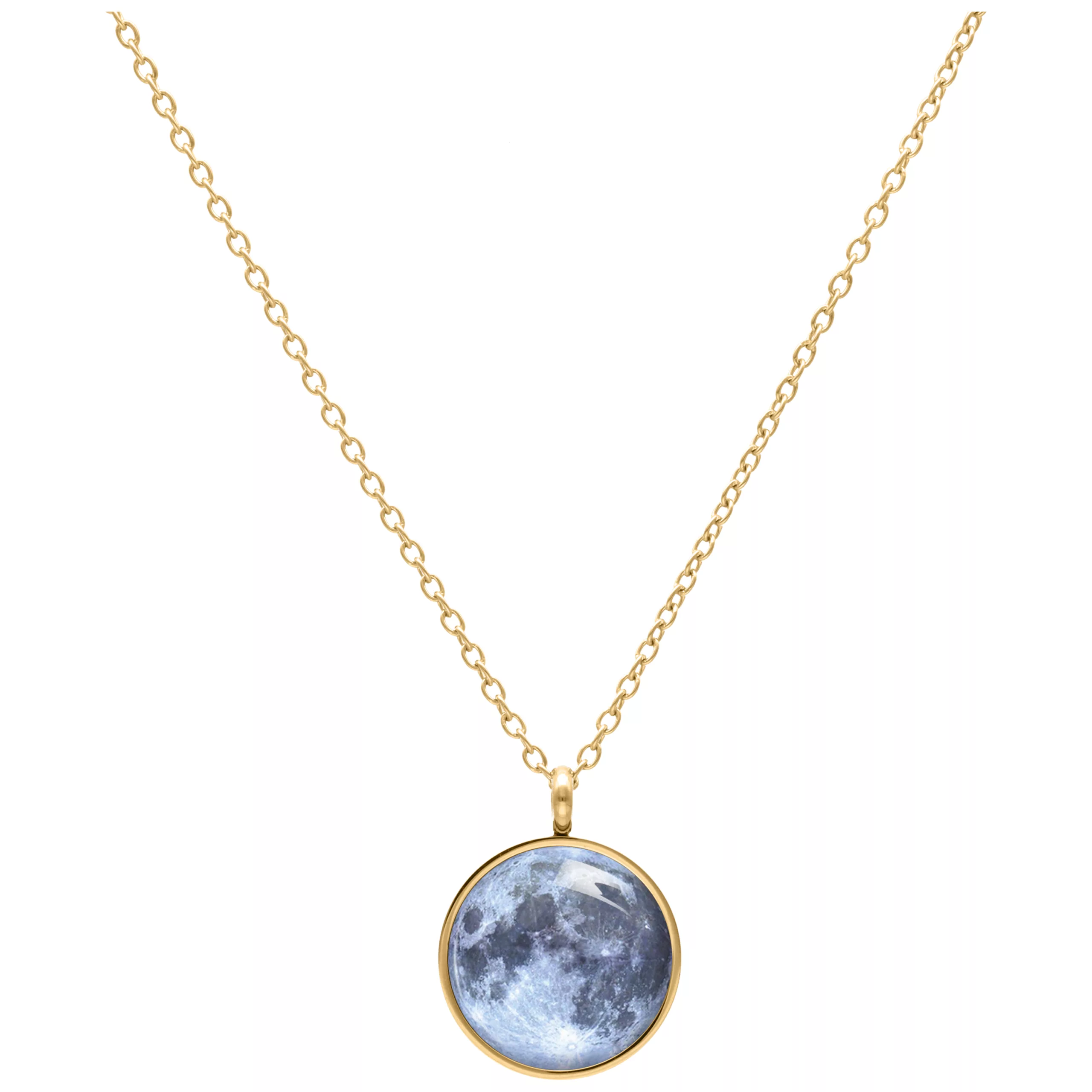 Collana Moon in oro con ciondolo a forma di luna Collana dorata con ciondolo a forma di luna su sfondo bianco