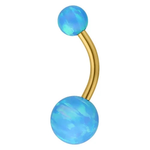 Bananabell dorato con sfere di opale sintetico azzurro chiaro su sfondo bianco