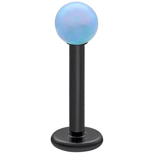 Labret in titanio nero con sfera di opale azzurro chiaro su sfondo bianco