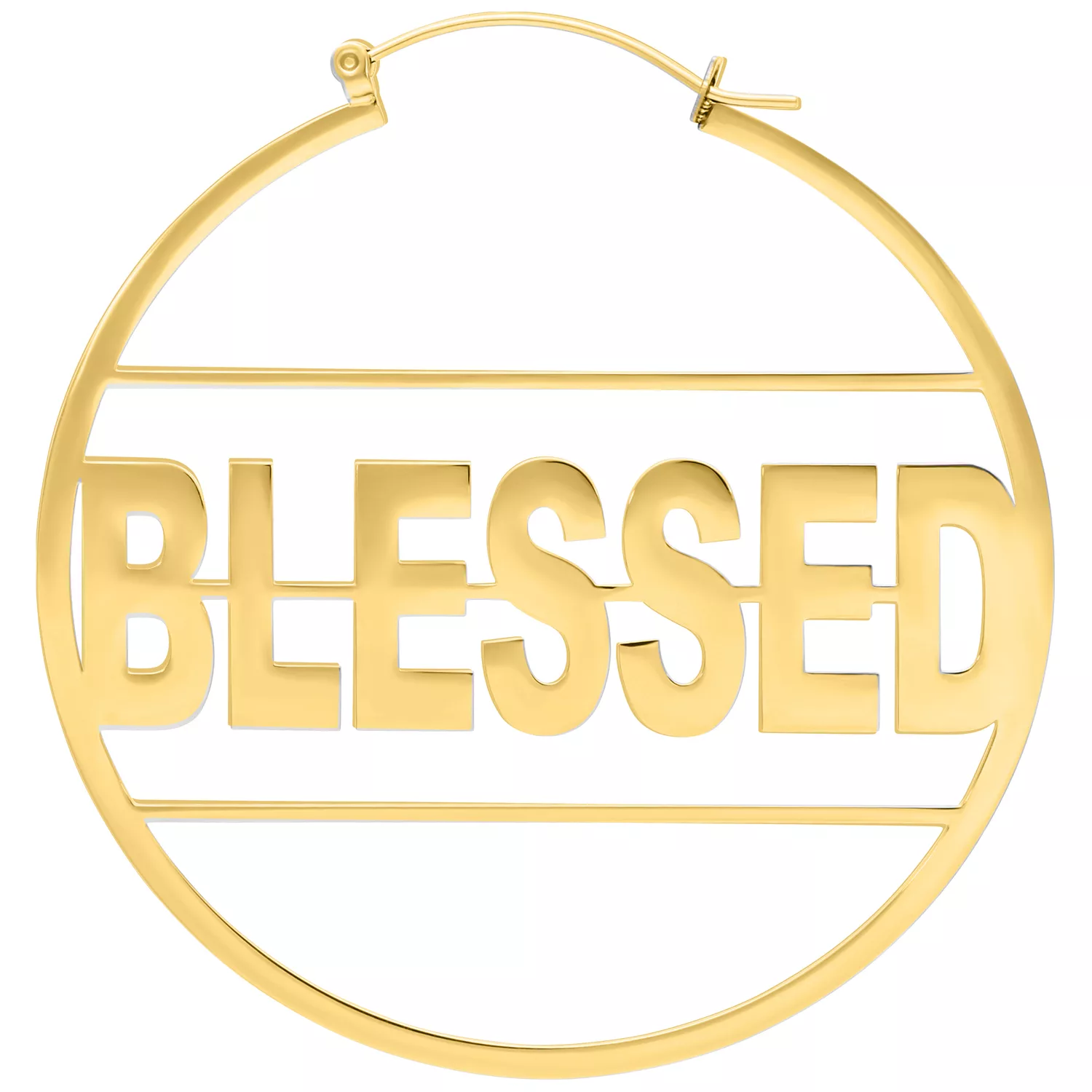 Orecchini dorati con la scritta 'BLESSED' su sfondo bianco
