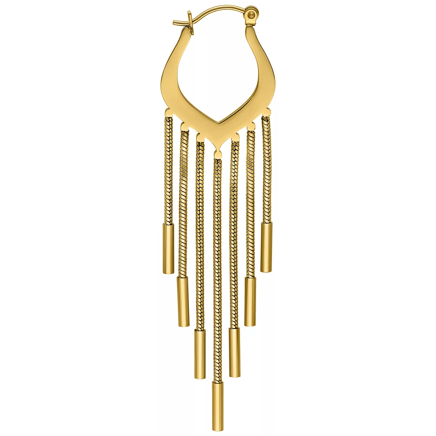 Orecchini a cerchio Snakechain dorati in acciaio chirurgico Orecchini dorati con dettagli a catena in acciaio chirurgico su sfondo bianco