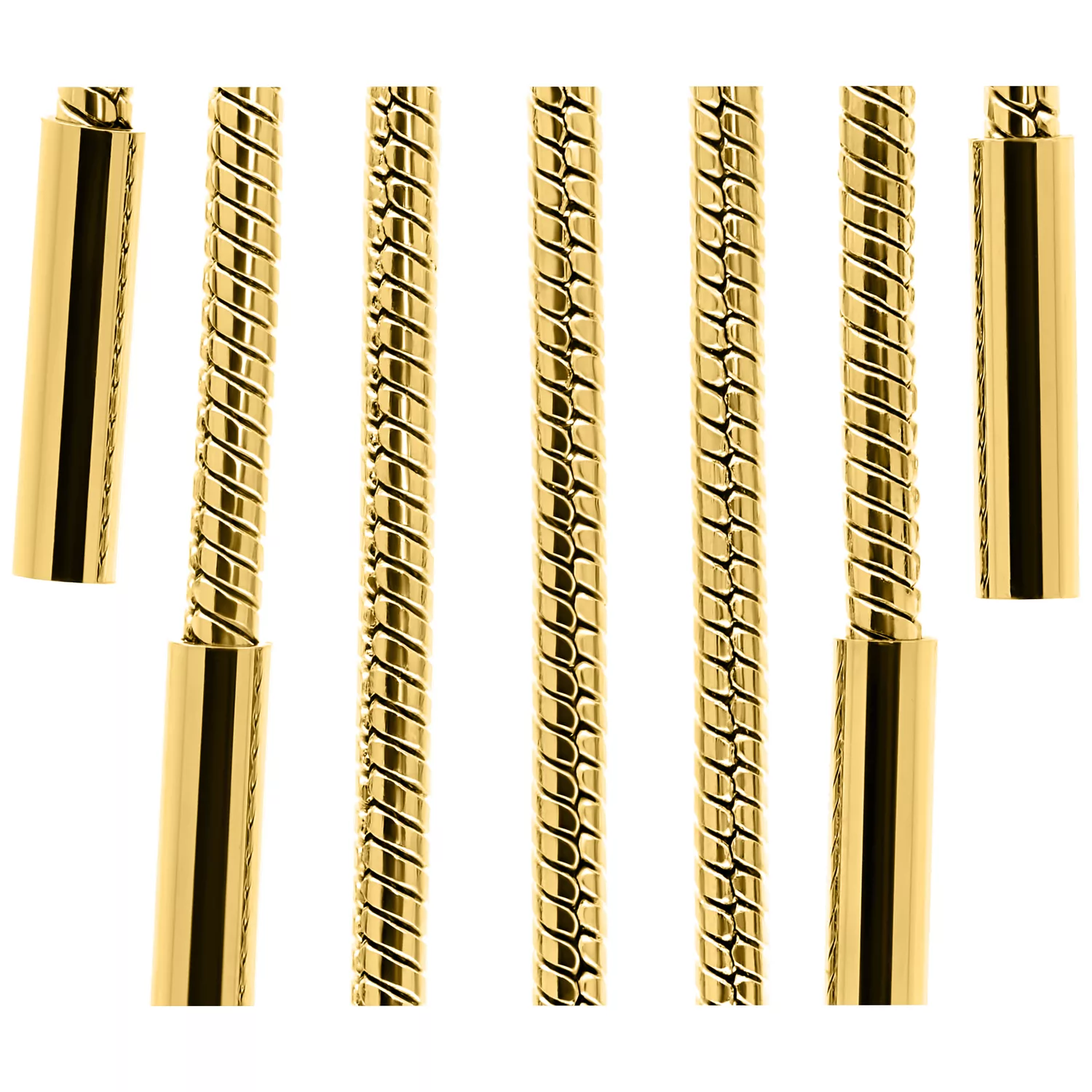 Orecchini a cerchio con catena serpente dorata Orecchini a cerchio dorati in acciaio chirurgico con design a catena serpente su sfondo bianco