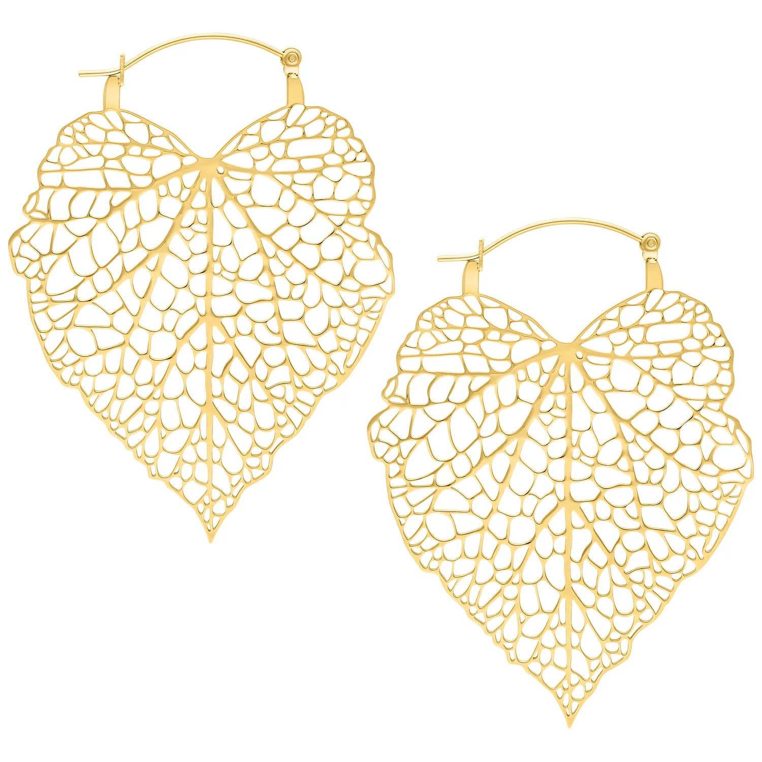 Lovely Leaf Hoops Gold - Eleganti Orecchini Orecchini dorati a forma di foglia delicata su sfondo bianco
