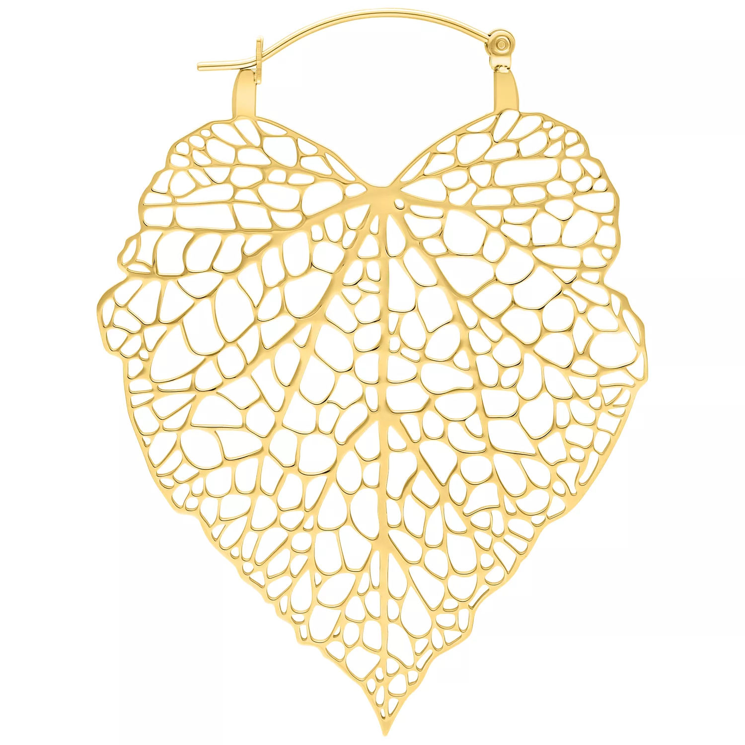 Orecchini a cerchio Lovely Leaf dorati Orecchini dorati a forma di foglia su sfondo bianco