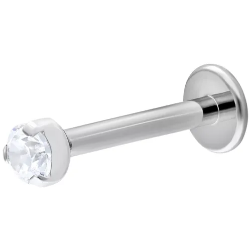 Labret Push-Fit in oro bianco con pietra cristallina, lunghezza 6 mm, dimensione sfera 2 mm, su sfondo bianco