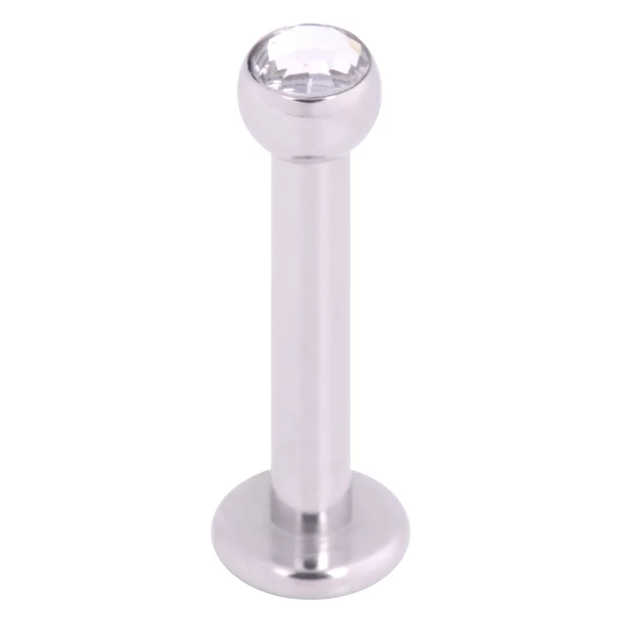 Kristall Labret mit Innengewinde, 1.2 mm, 7.0 mm Silbernes Labret aus Titan mit klarem Kristall auf weißem Hintergrund