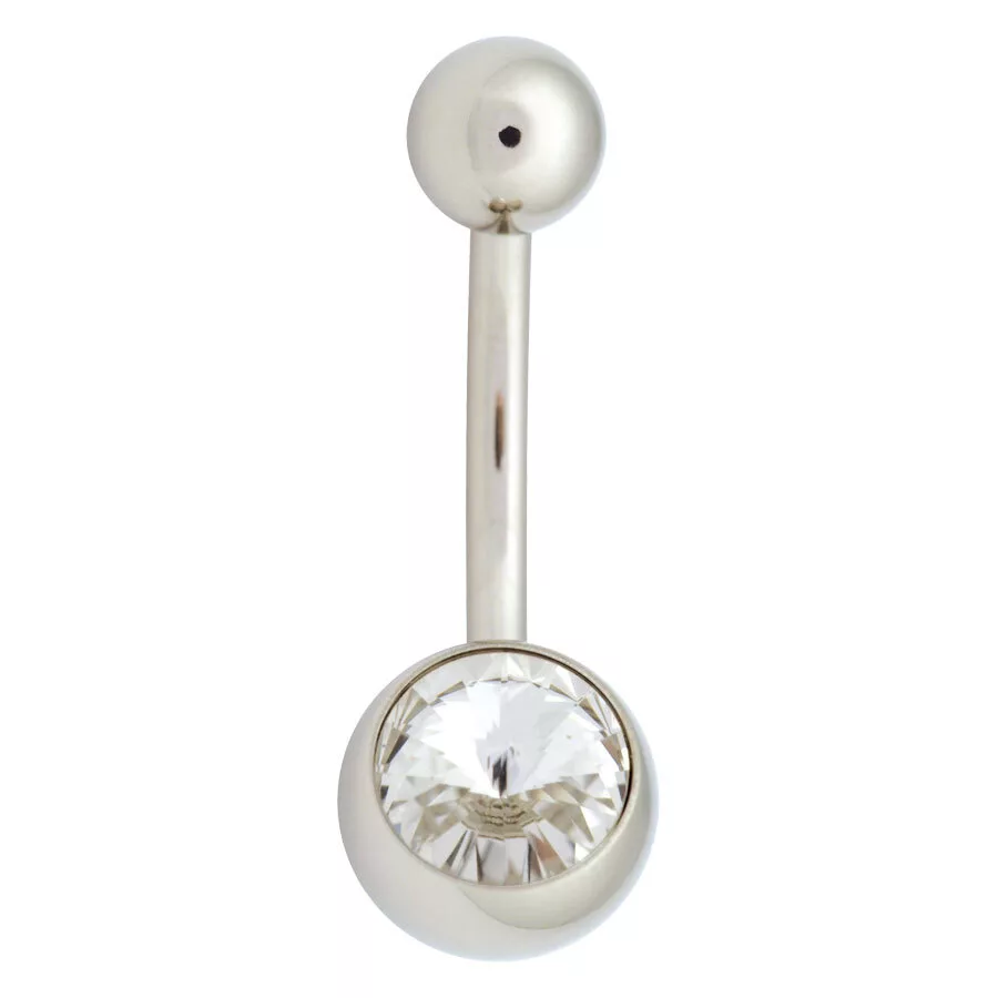 Kristallklarer Bauchnabel Bananabell 1,6mm Silberner Bauchnabel Bananabell mit klarem Kristall auf weißem Hintergrund