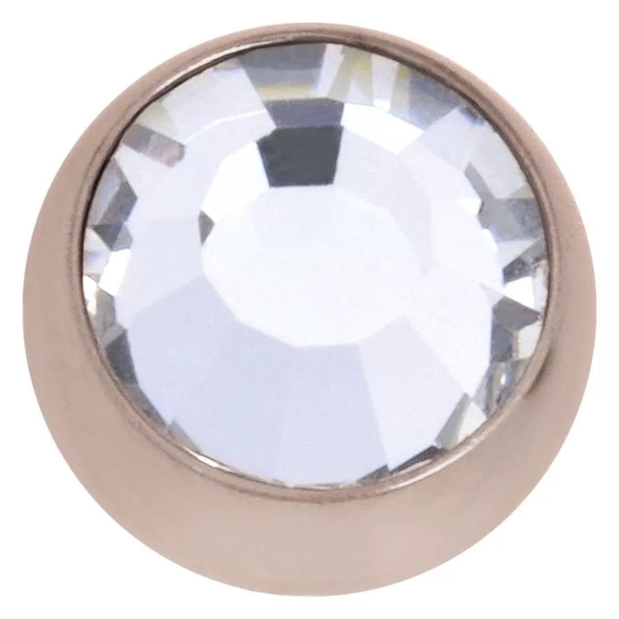 Runder Piercing-Aufsatz aus roségoldenem Chirurgenstahl mit klarem Kristall auf weißem Hintergrund