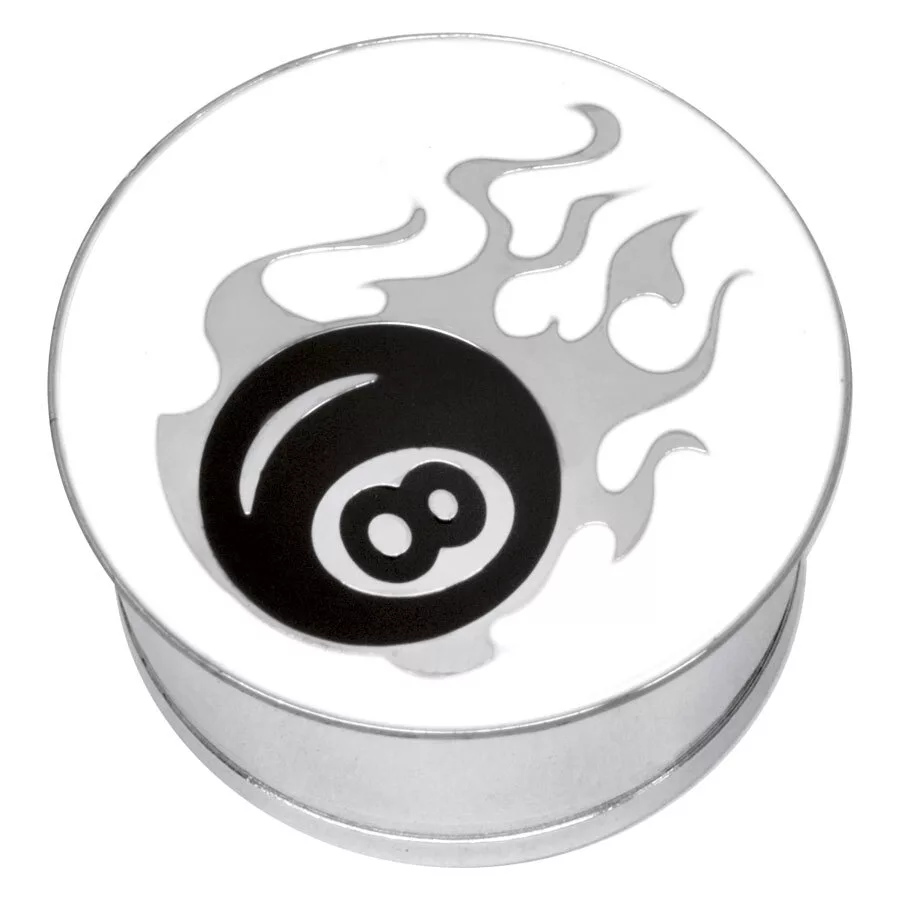 Steel Basicline® Single Flared Impression Plug "Flaming Eightball on White"