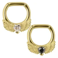 Zwei goldene Septum Clicker mit Flügeln und Herzform, schwarze und klare Kristalle