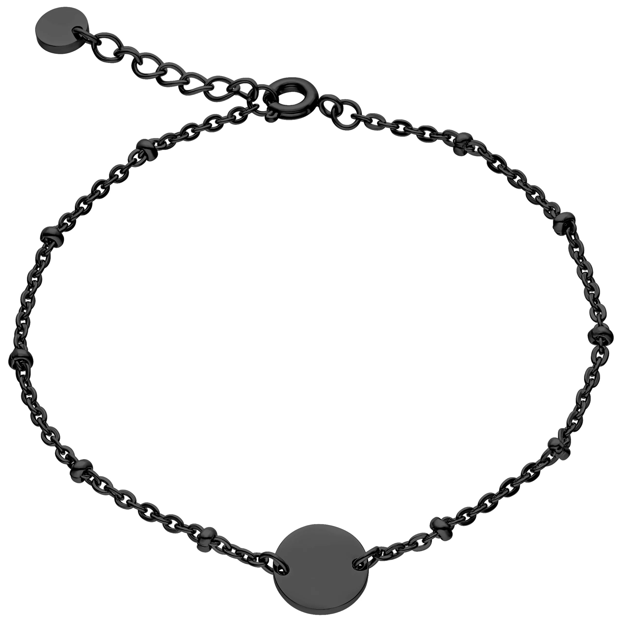 Bracciale nero in acciaio chirurgico con perle rotonde su sfondo bianco