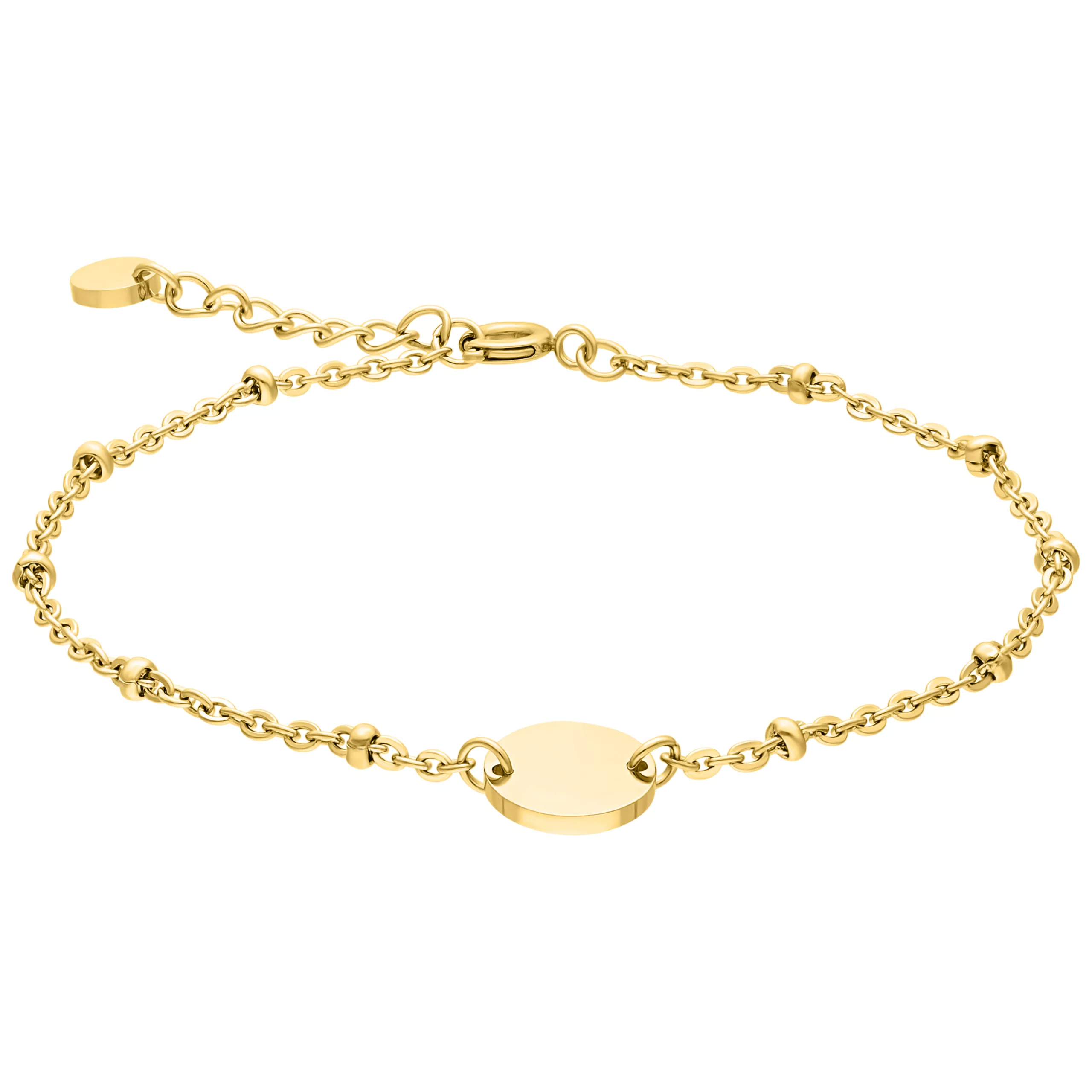 Bracciale dorato personalizzabile con perle Bracciale dorato in acciaio chirurgico 316L con perle e piastra per incisioni su sfondo bianco