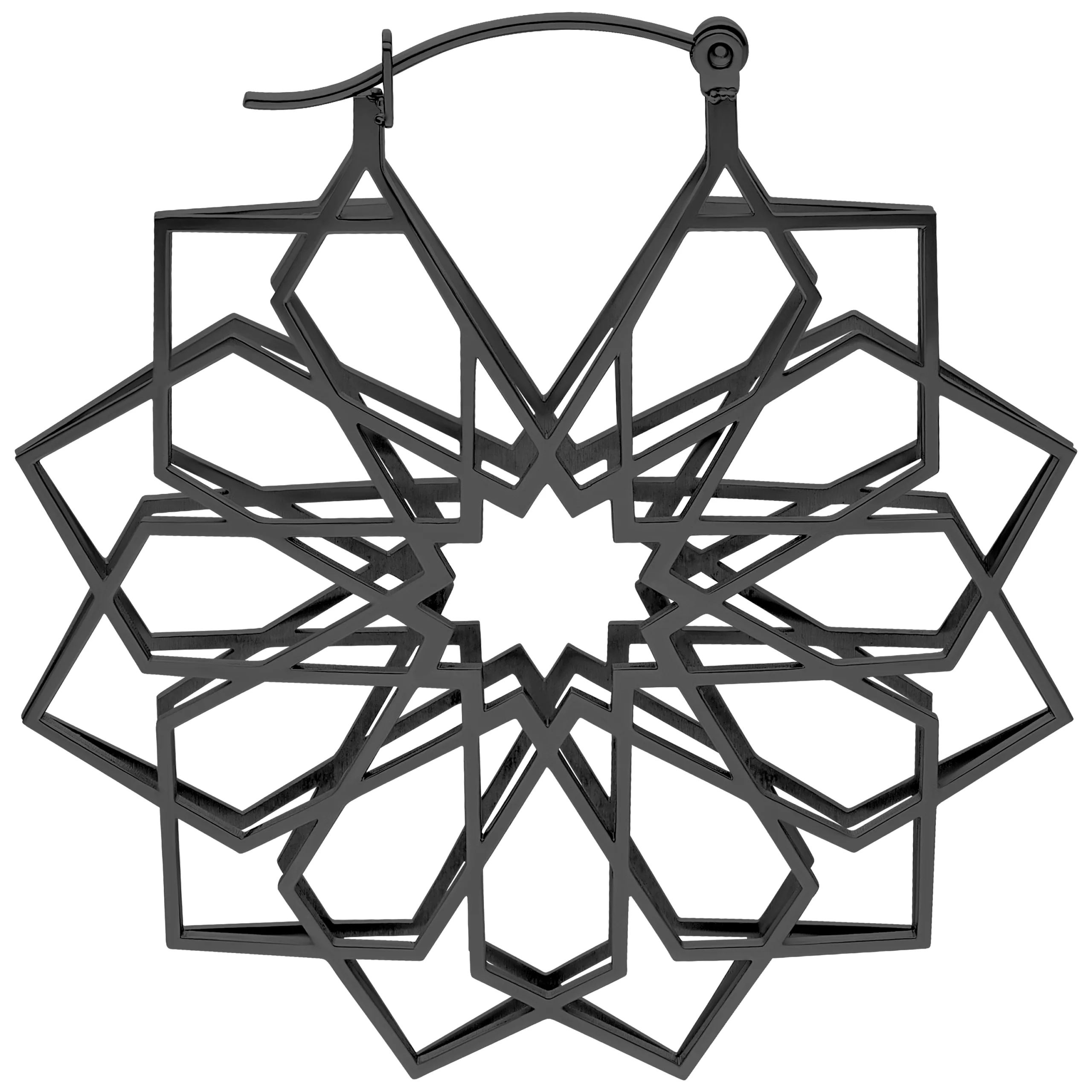 Kaleidoscope Hoops nere in acciaio chirurgico 316L con design geometrico su sfondo bianco