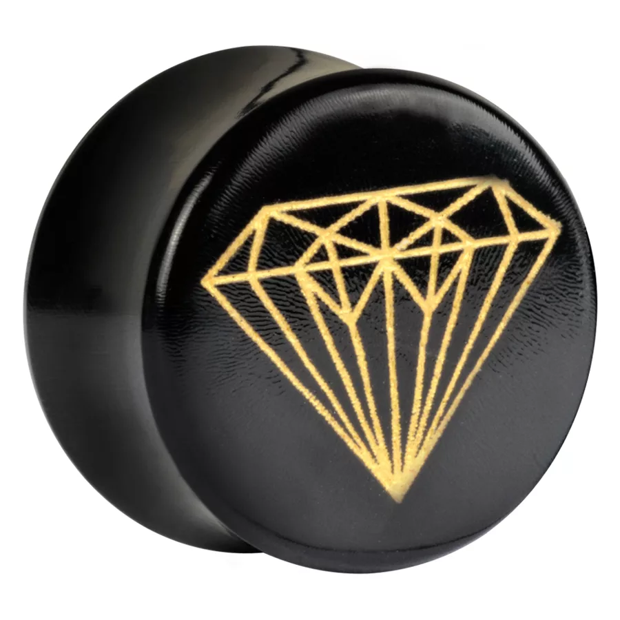 Goldener Diamant Plug in 16,0 mm Schwarzer Horn-Plug mit goldenem Diamant-Design auf weißem Hintergrund