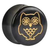 Goldener Eulen-Plug aus Horn, 26 mm Schwarzer Plug aus Horn mit goldener Eulen-Gravur, Größe 26 mm