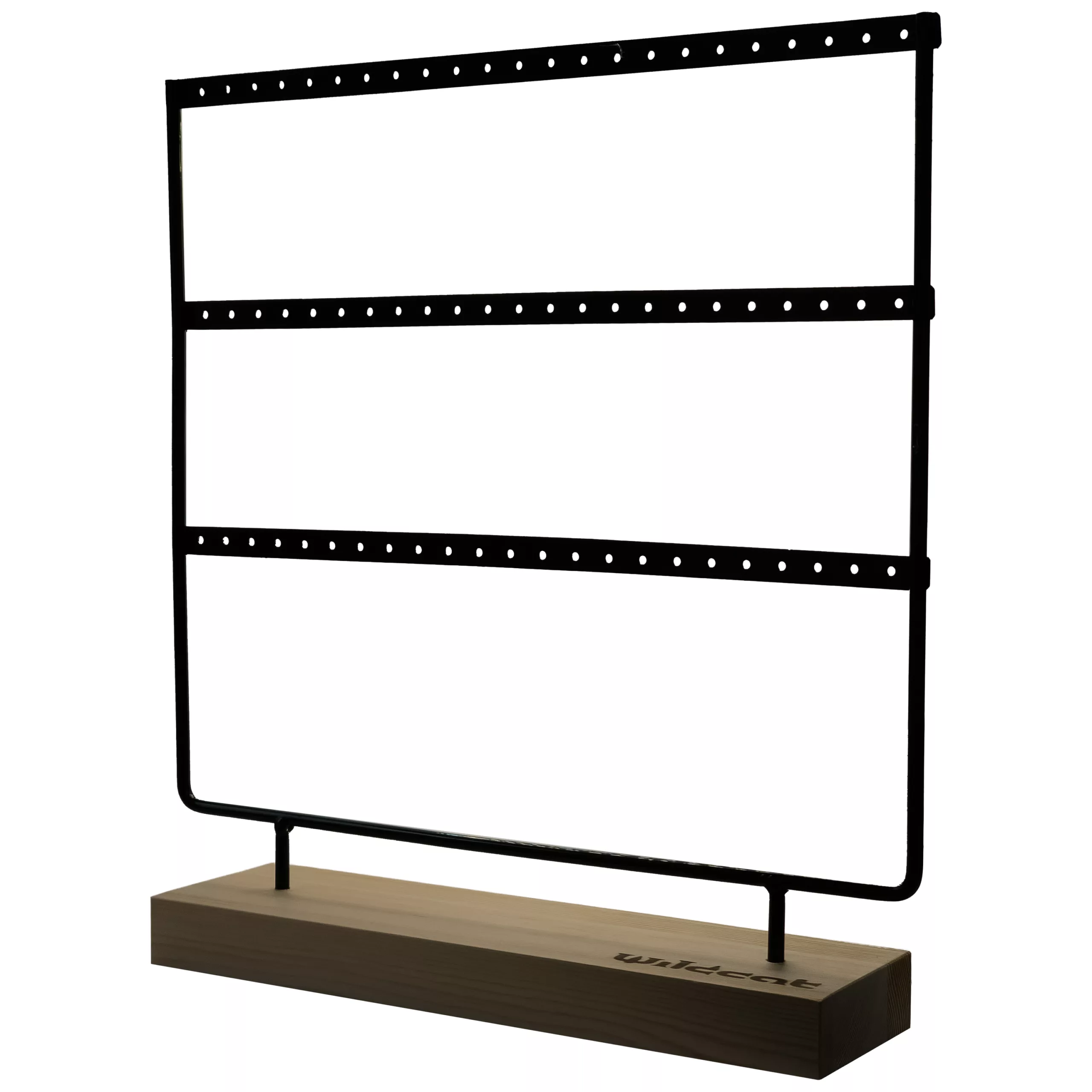 Display nero con tre file per la presentazione di anelli su base rettangolare in legno
