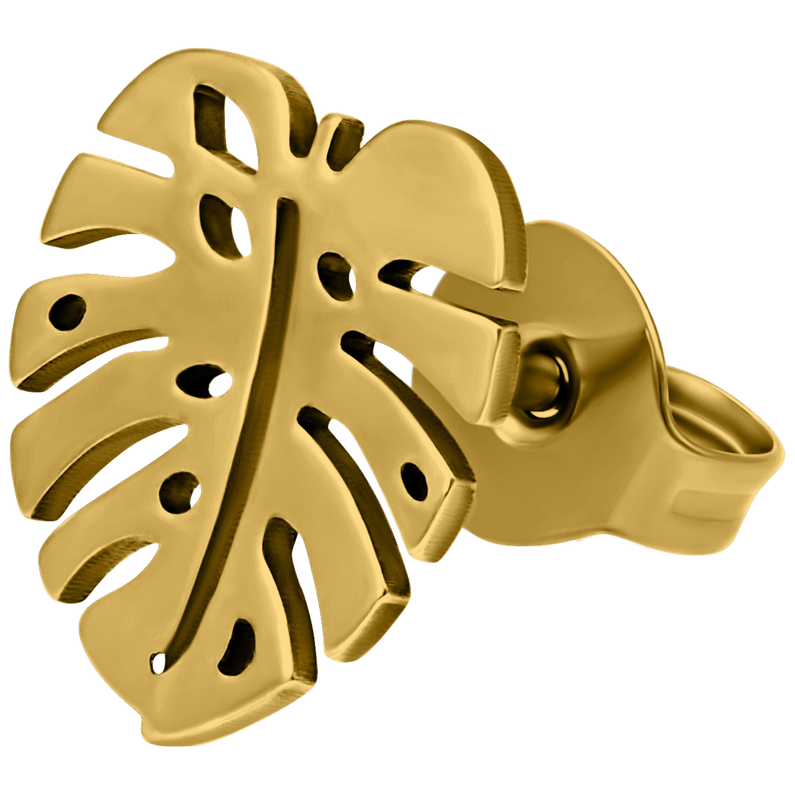 Goldene Monstera Ohrstecker aus Titan auf weißem Hintergrund
