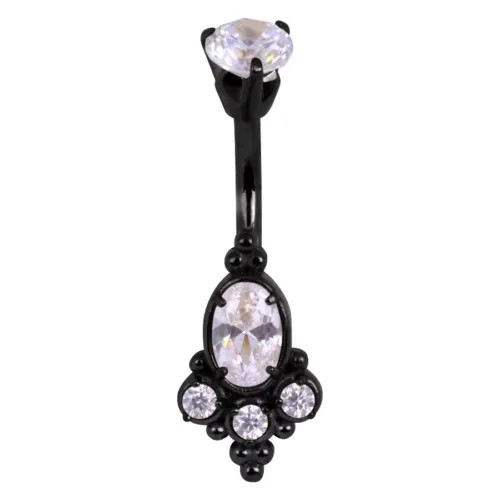 Piercing nero all'ombelico con pietre cristalline su sfondo bianco