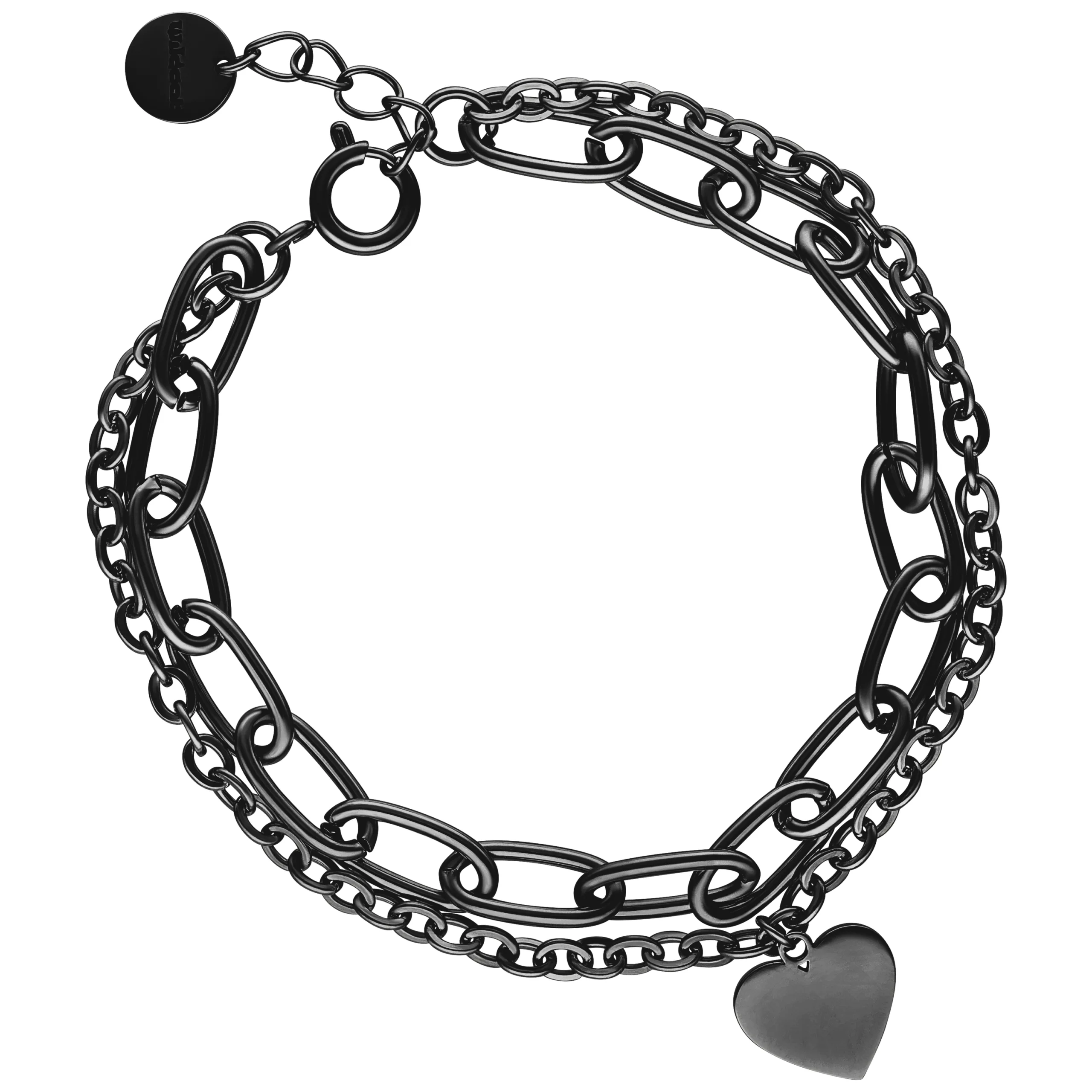 Bracciale a doppia maglia in metallo nero con ciondolo a cuore su sfondo bianco