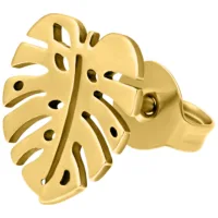 Orecchini Monstera dorati in acciaio chirurgico lucido su sfondo bianco