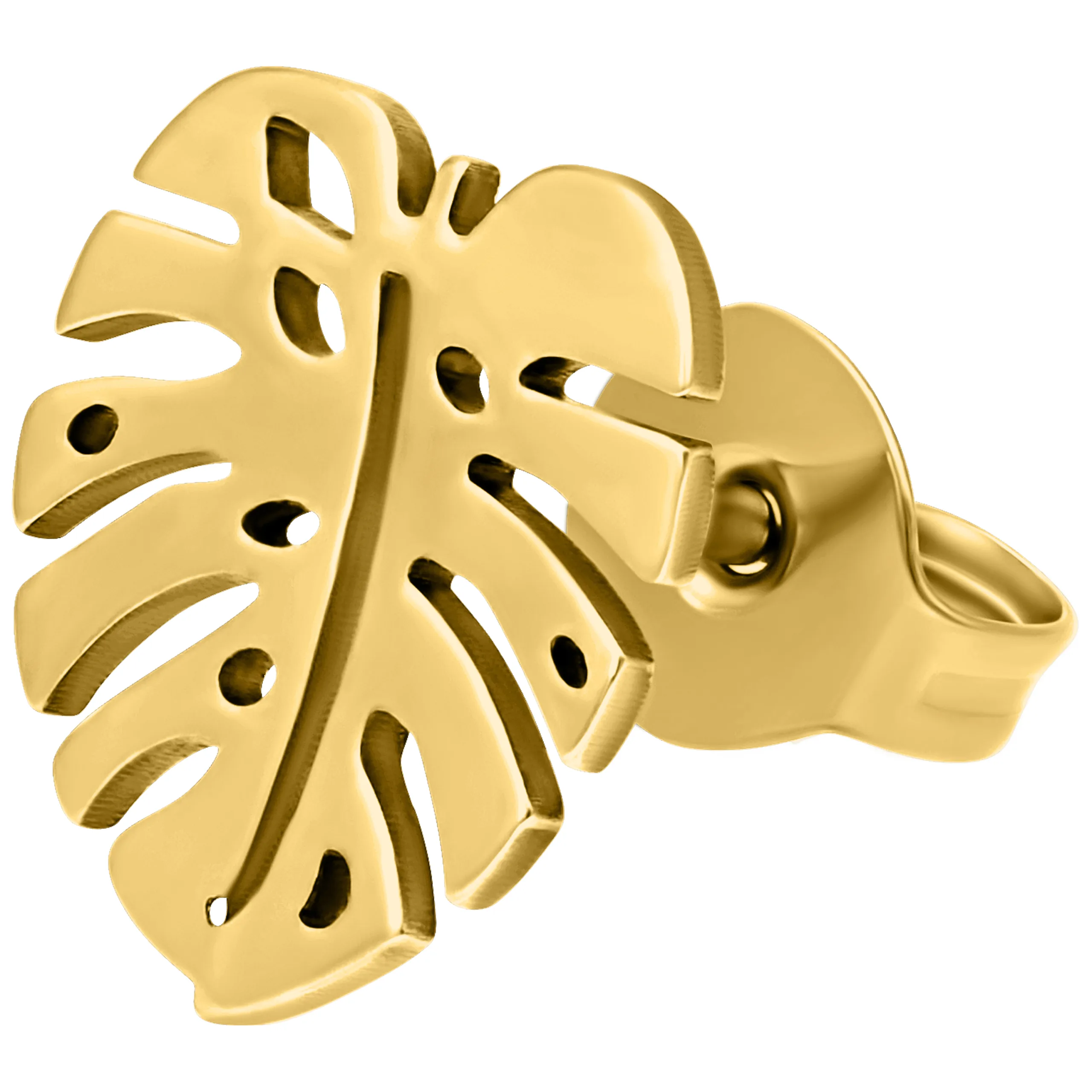 Orecchini Monstera dorati in acciaio chirurgico lucido su sfondo bianco