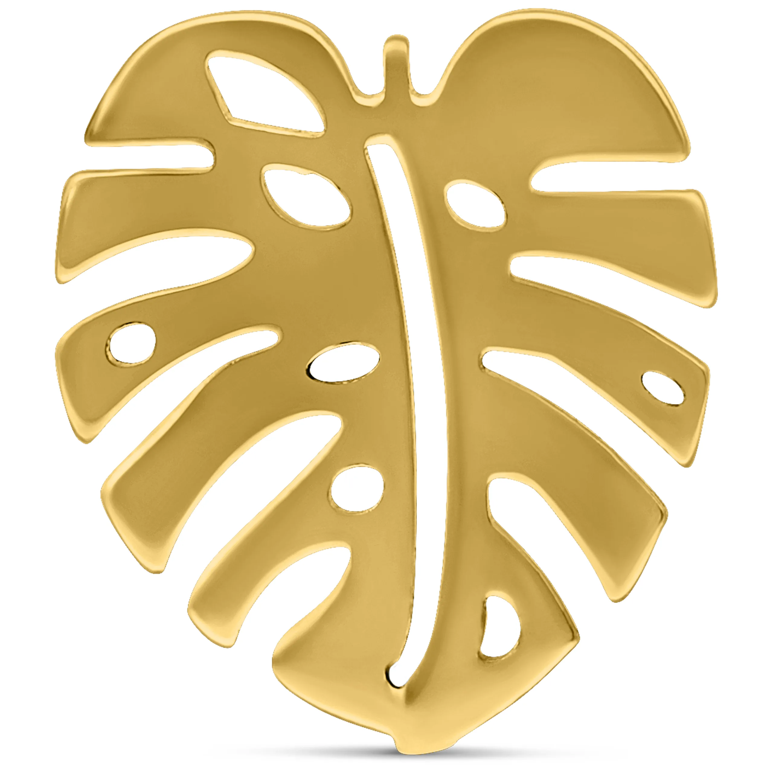 Orecchini a perno Monstera dorati in acciaio chirurgico 316L su sfondo bianco