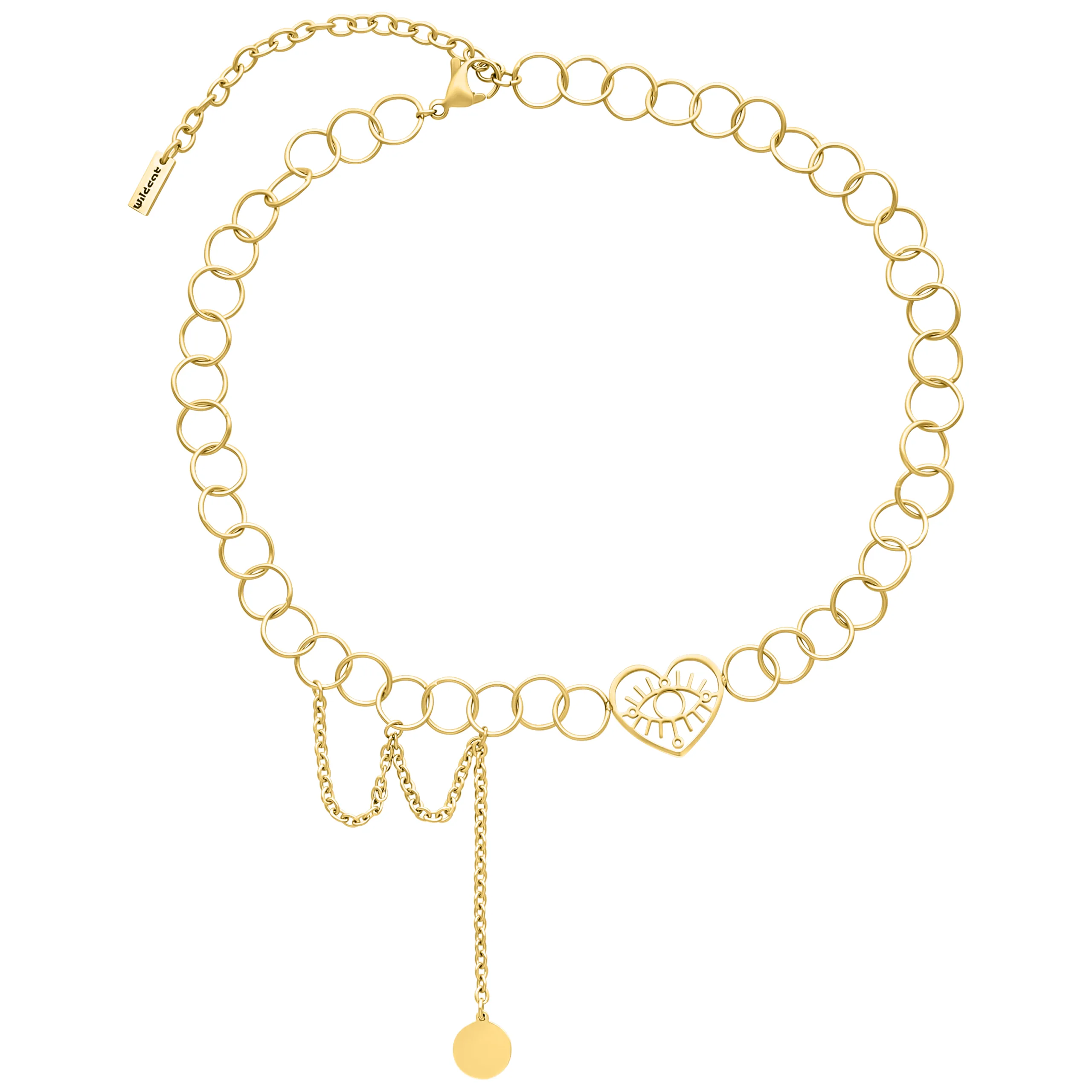 Choker con Occhio a Cuore in Metallo Dorato Choker dorato con ciondolo a forma di occhio a cuore su sfondo bianco