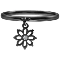 Anello in metallo nero con ciondolo a fiore e cristallo su sfondo bianco