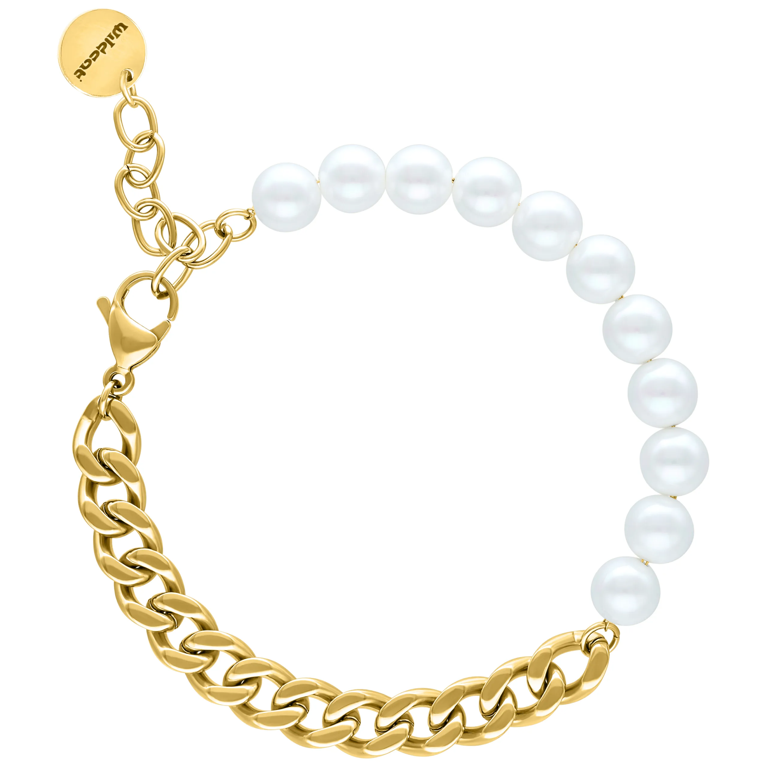 Bracciale Chunky Pearl in Oro Bracciale Chunky Pearl con catena dorata e perle bianche su sfondo bianco