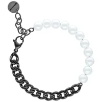 Bracciale unisex con perle bianche e catena in metallo nero su sfondo bianco