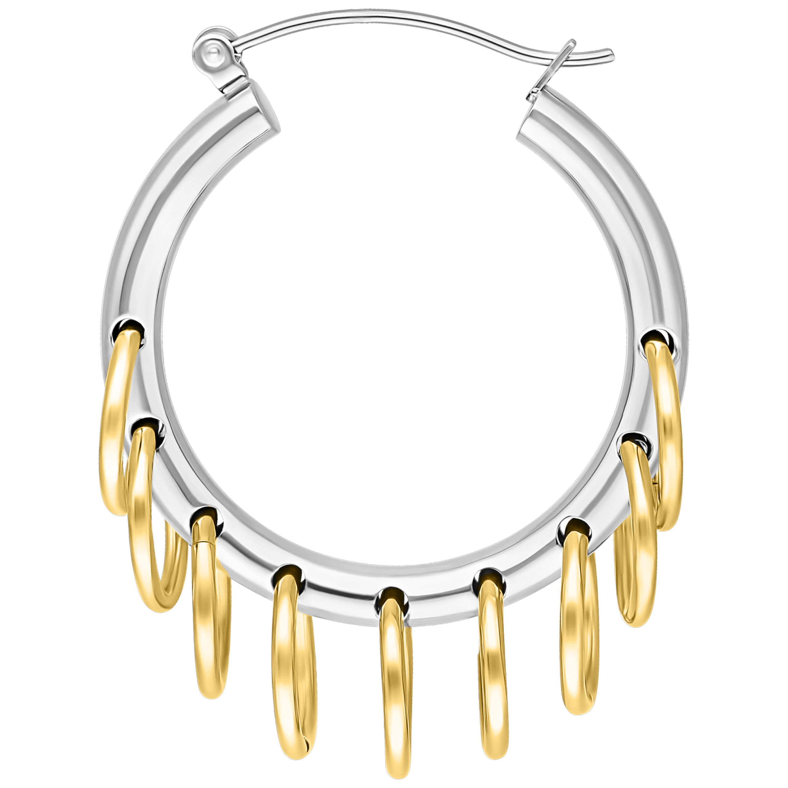 Silberne Hoops mit goldenen Loops Silberner Ohrring aus Chirurgenstahl mit goldenen Anhängern auf weißem Hintergrund