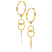 Goldene Metall-Ohrringe mit doppeltem Ring und spitzem Anhänger auf weißem Hintergrund