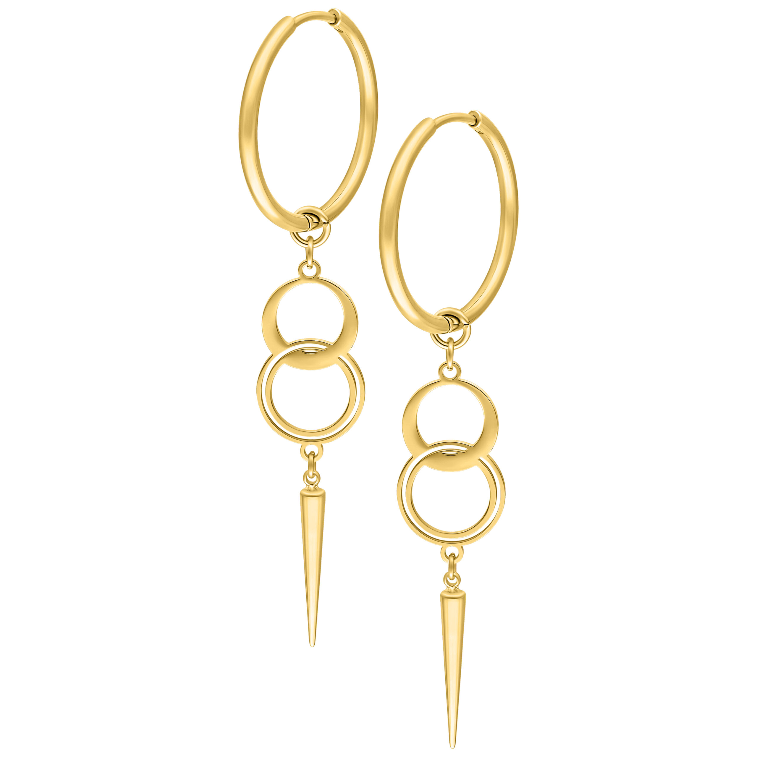 Goldene Metall-Ohrringe mit doppeltem Ring und spitzem Anhänger auf weißem Hintergrund