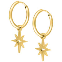 Goldene Little Polar Star Hoops aus Metall Paar goldene Ohrringe mit Sternanhänger auf weißem Hintergrund