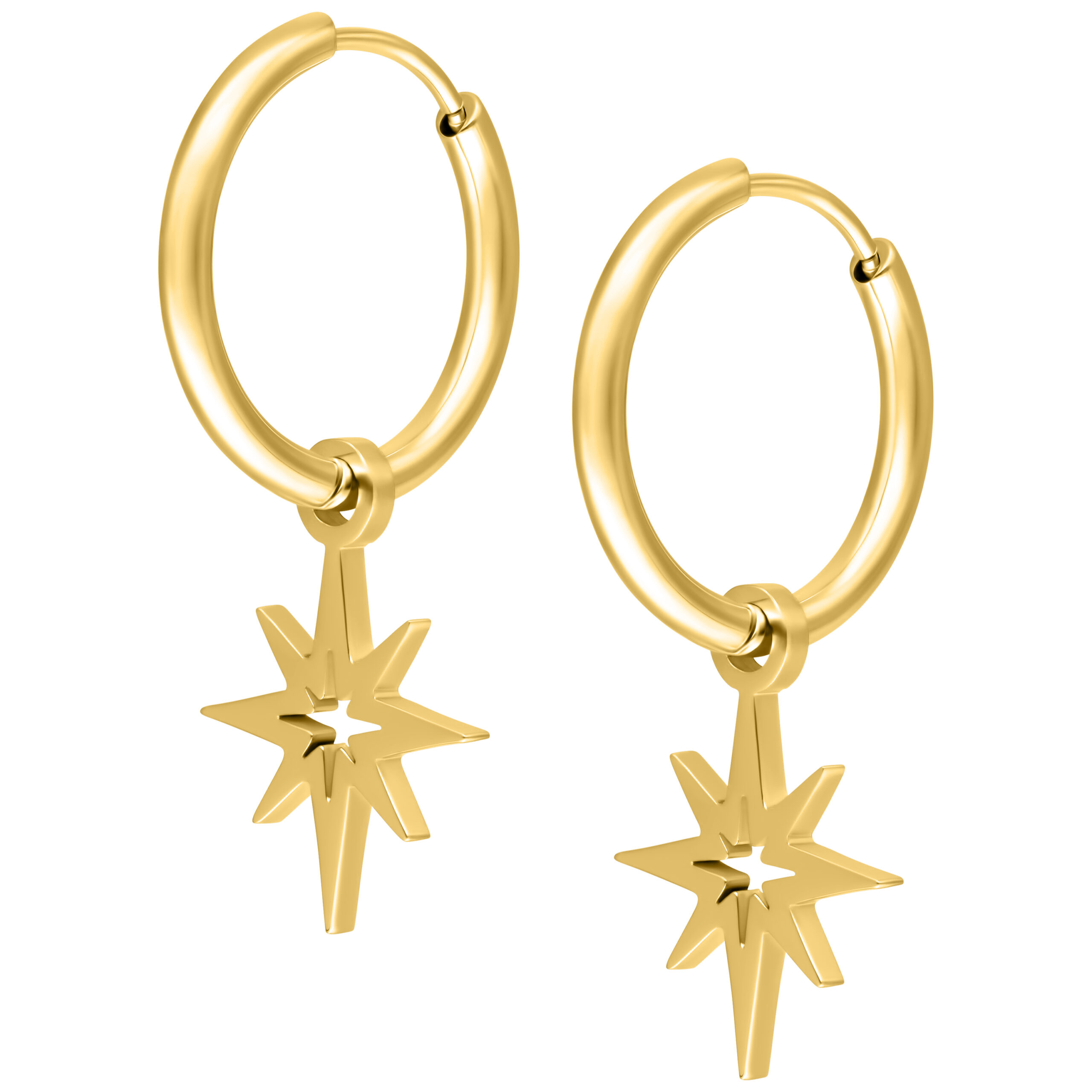 Goldene Little Polar Star Hoops aus Metall Paar goldene Ohrringe mit Sternanhänger auf weißem Hintergrund